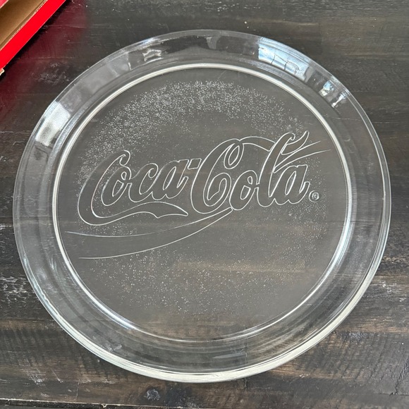 Vintage 1990 Coca-Cola 13" Glass Platter Indiana Glass Co Clear Etched Logo 3947